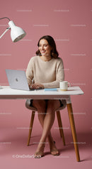Smiling Woman Using Laptop in Modern Home Office Setup