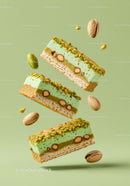 Green pistachio dessert bars with crunchy nuts on green
