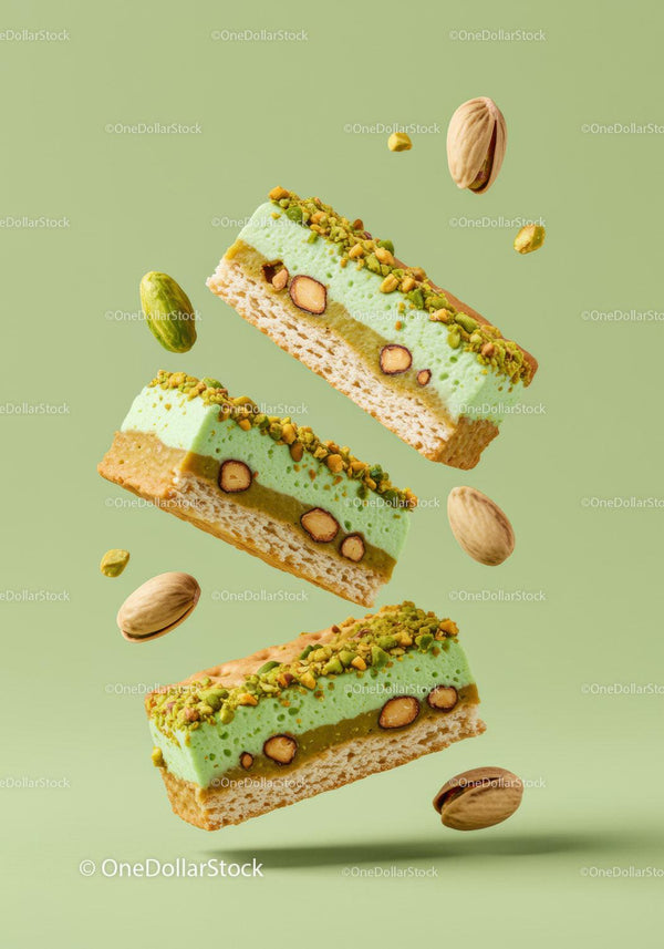 Green pistachio dessert bars with crunchy nuts on green