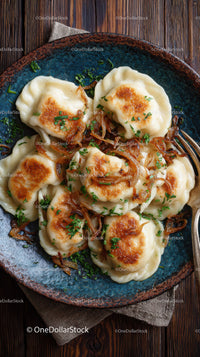 Delicious Fried Dumplings with Onion and Herbs on Rustic Plate