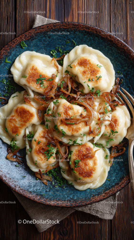 Delicious Fried Dumplings with Onion and Herbs on Rustic Plate