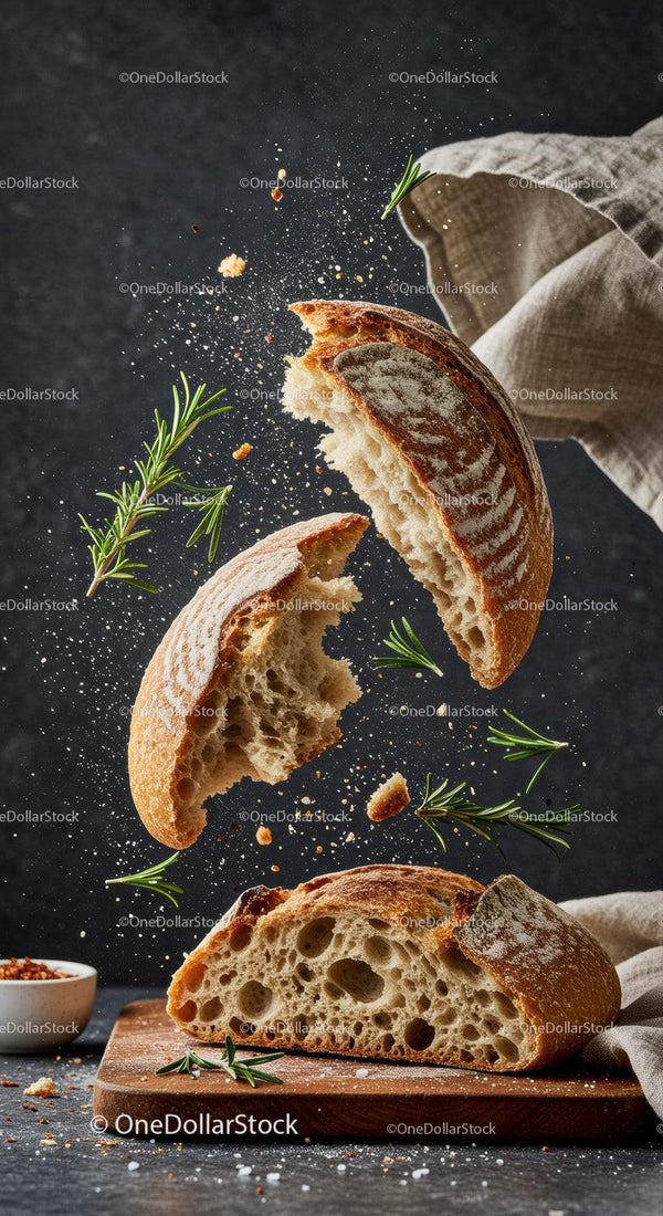 Rustic sourdough bread breaking with fresh rosemary sprigs