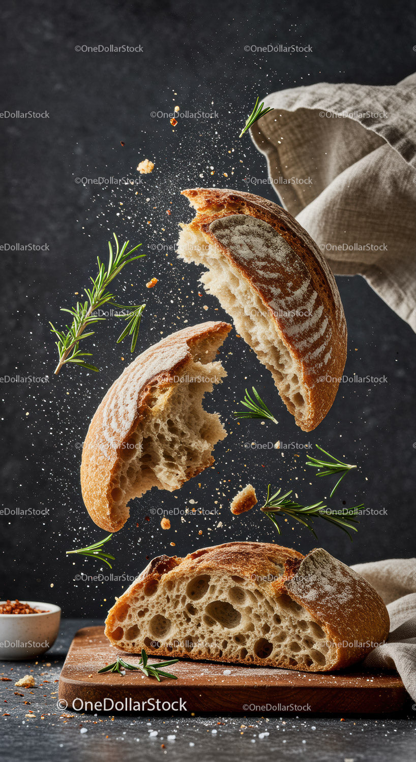 Rustic sourdough bread breaking with fresh rosemary sprigs