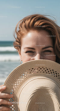Joyful Woman Wearing Straw Hat at the Beach with Ocean in the Background