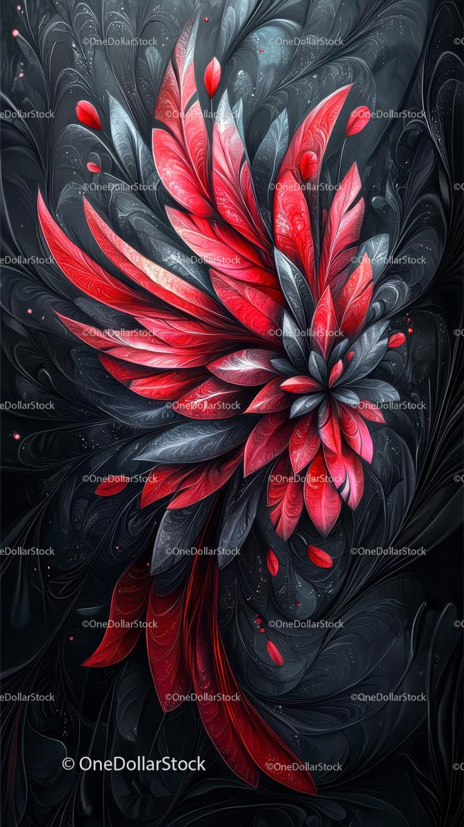Abstract Digital Flower Artwork with Red Petals on Black Background
