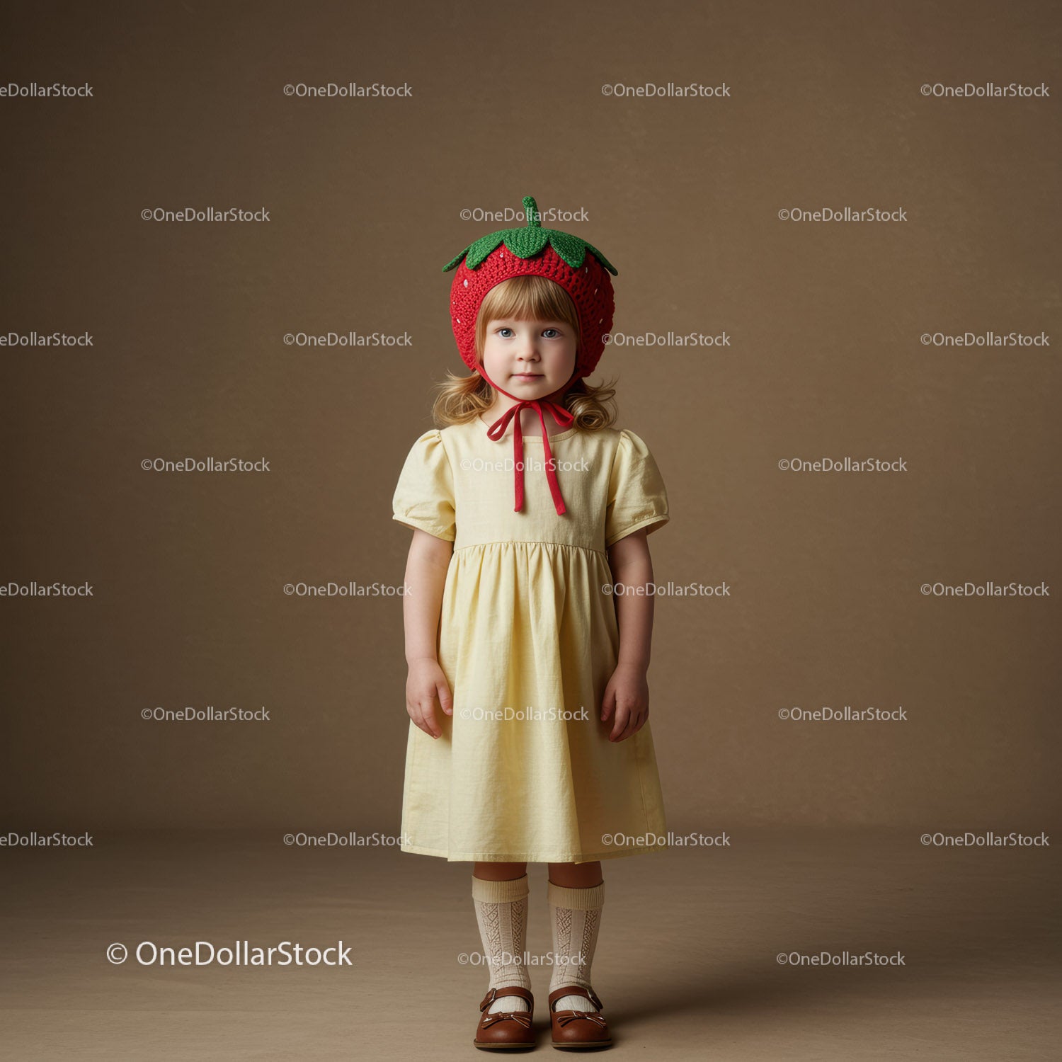 Little girl wearing a strawberry hat and yellow dress