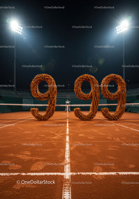 Tennis court with wooden 999 digits and umpire night scene
