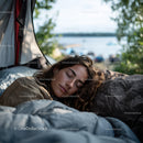 Serene Lakeside Camping Scene with Woman Sleeping Outdoors