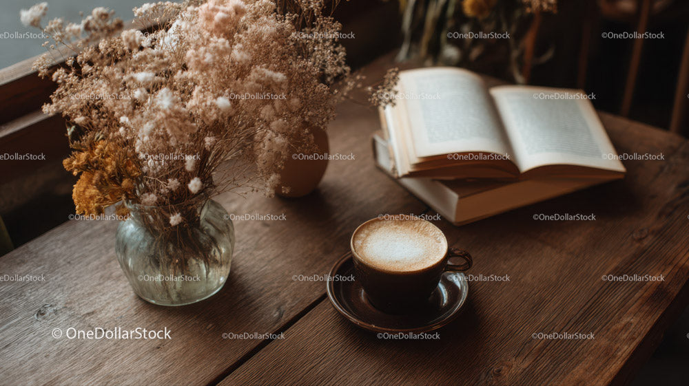Cozy Coffee Scene with Dried Flowers and Open Book in Rustic Setting