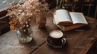 Cozy Coffee Scene with Dried Flowers and Open Book in Rustic Setting