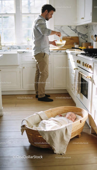 Father Preparing Meal While Baby Sleeps Peacefully Nearby
