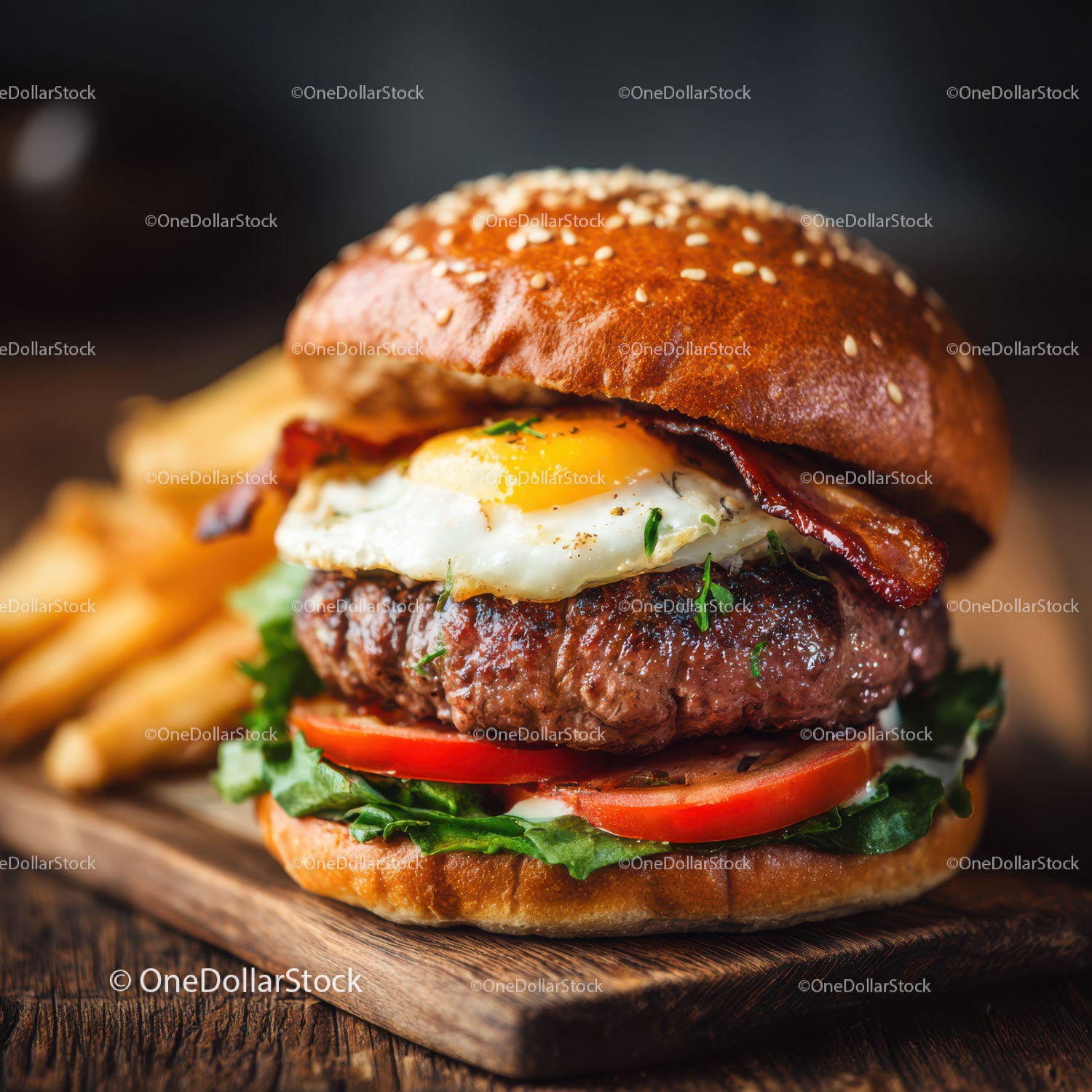 Wykwintny burger wołowy z boczkiem i jajkiem w bułce sezamowej