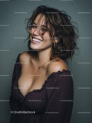 Confident Smiling Woman with Curly Hair Wearing Stylish Outfit