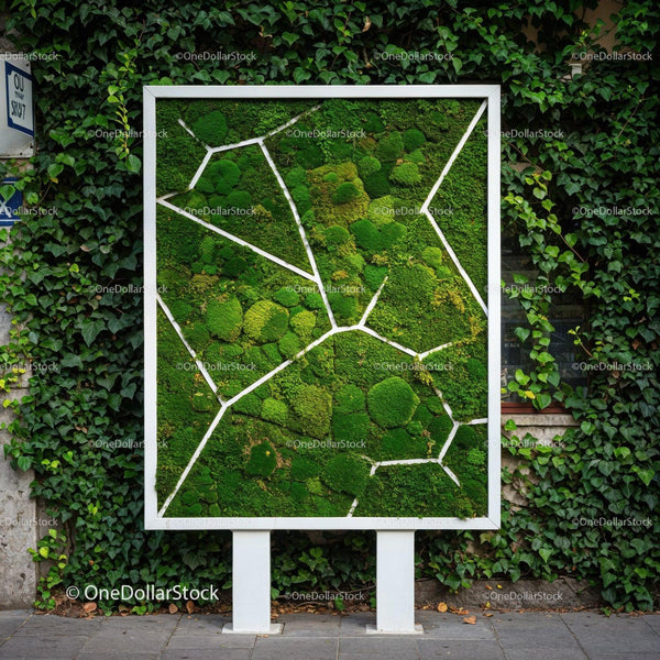 Vibrant Green Moss Art Panel with White Frame for Eco-Friendly Decor JPG Mockup Image