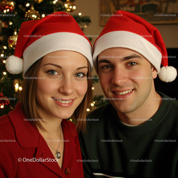 Smiling Couple Wearing Santa Hats by Christmas Tree