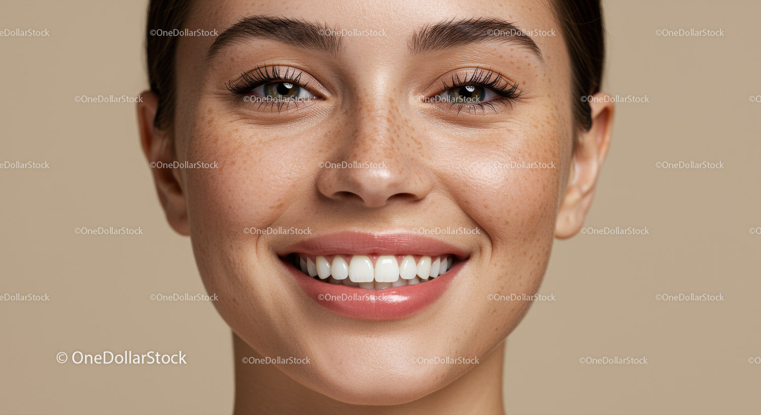 Close up of smiling woman with natural freckles