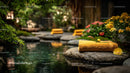 Serene Zen Garden with Water Feature and Vibrant Flowering Plants