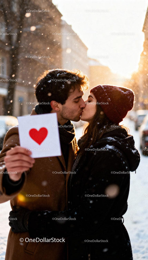 Couple sharing a tender kiss in snowy winter sunlight