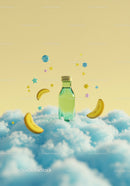 Green glass bottle floating on fluffy blue clouds