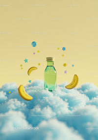 Green glass bottle floating on fluffy blue clouds