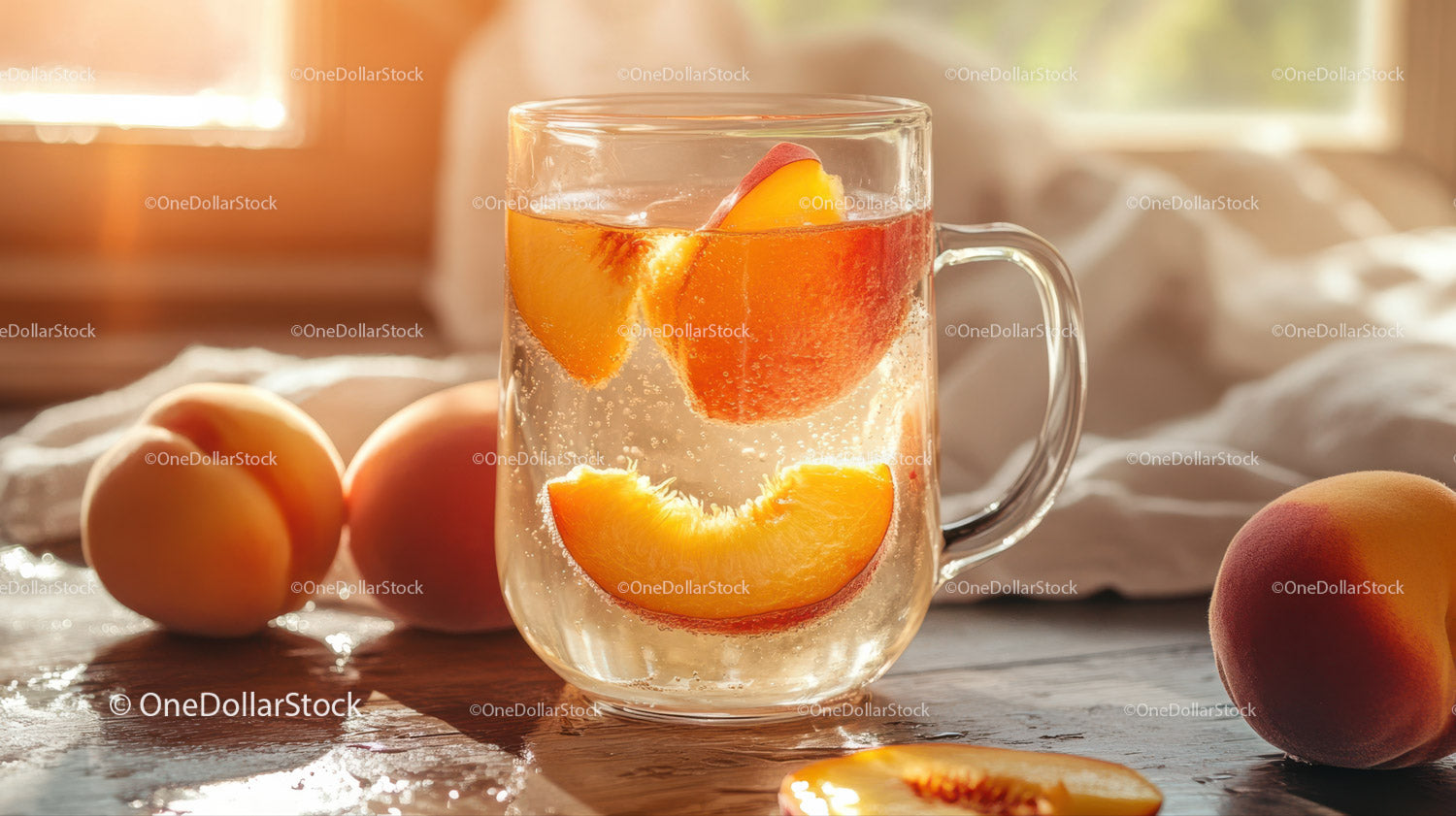 Refreshing Peach Slices in a Glass Mug with Sparkling Water