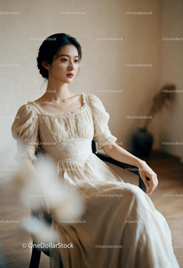 Elegant young woman in vintage cream dress sitting indoors