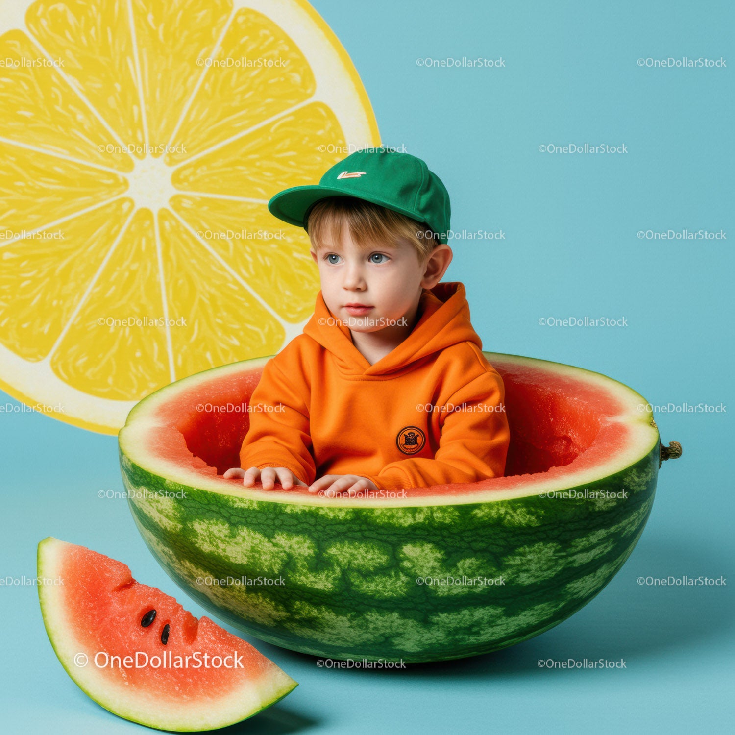 Young boy sitting inside a hollow watermelon with bright backdrop
