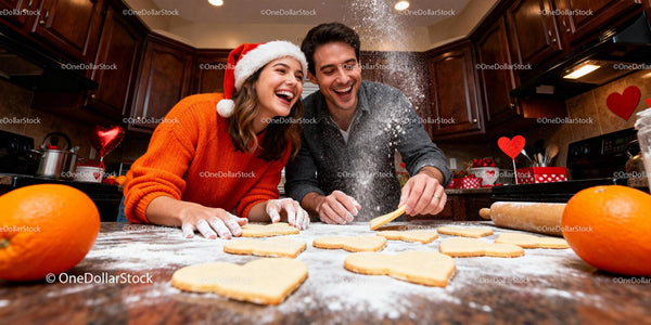 Couple Baking Heart-Shaped Cookies with Joyful Smiles