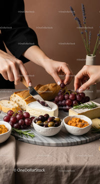 Gourmet Cheese and Fruit Platter with Bread and Olives on Rustic Table