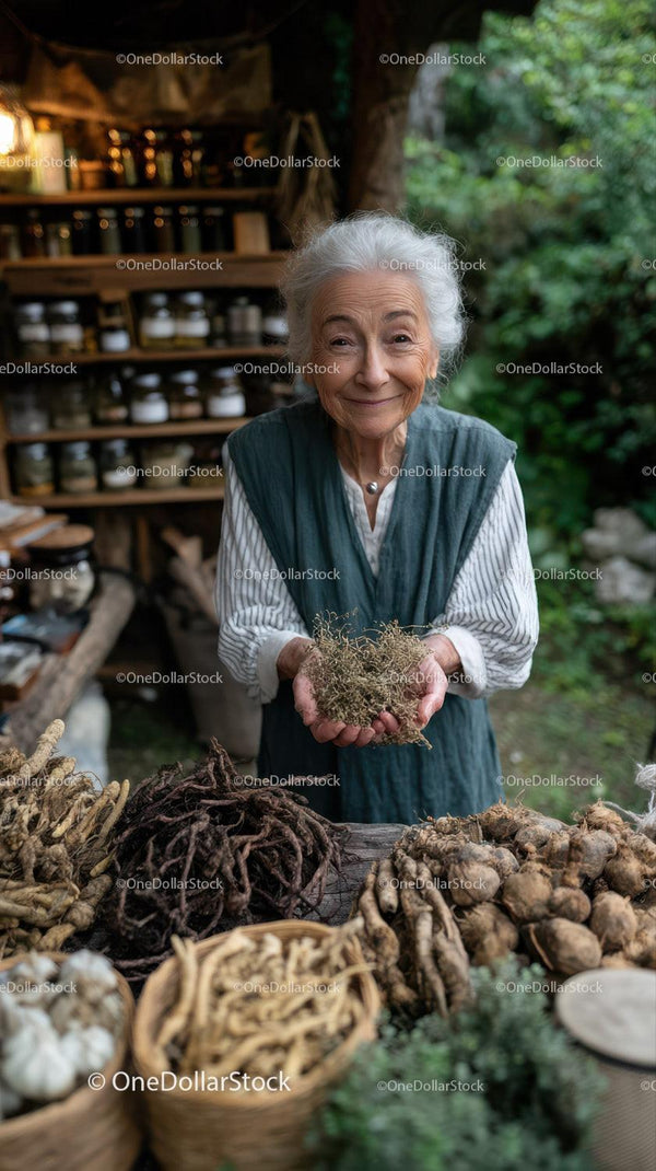 Elderly Woman Displaying Herbs at Rustic Outdoor Market