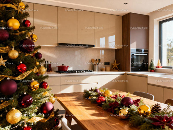 Cozy modern kitchen decorated for Christmas celebration