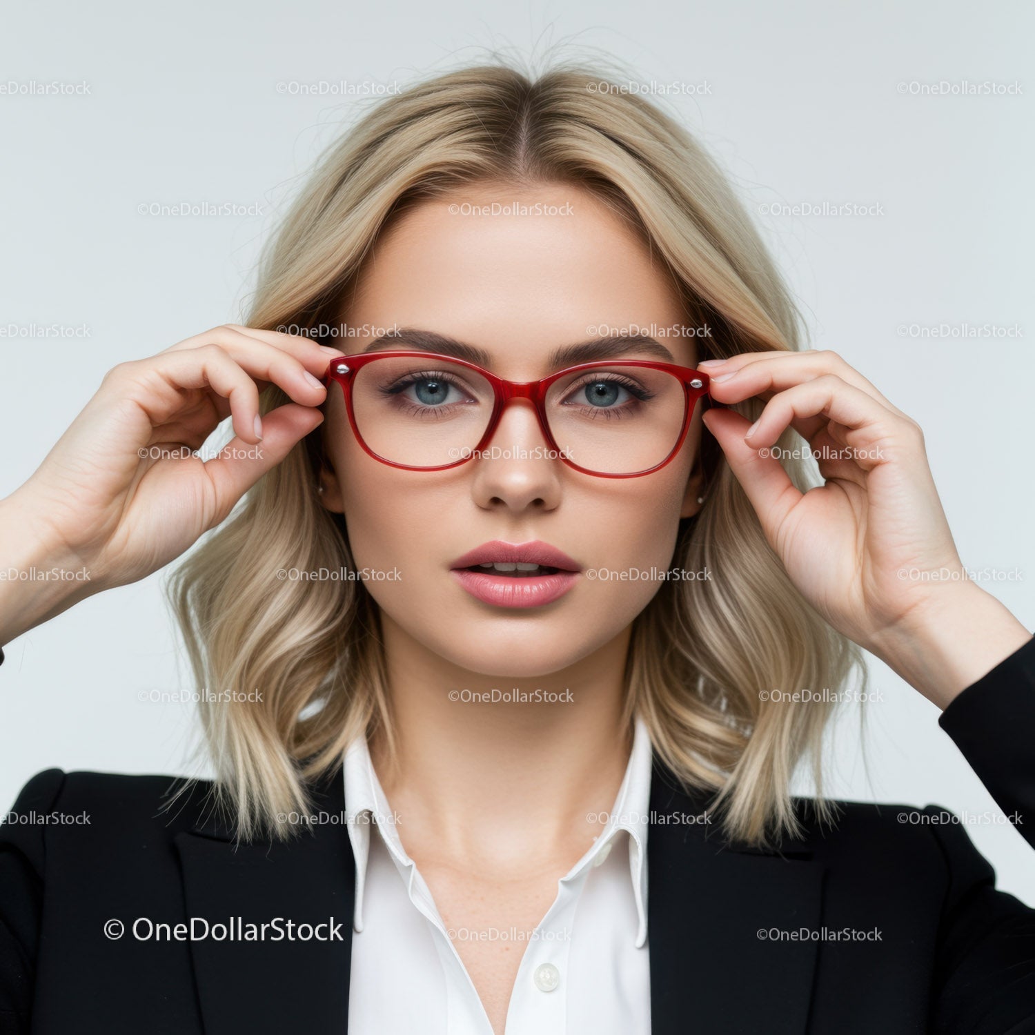 Pewna siebie kobieta poprawiająca czerwone okulary z blond włosami