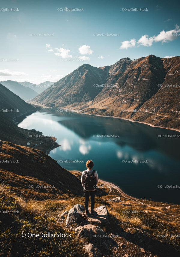 Scenic Mountain Lake Landscape with Hiker and Dramatic Peaks