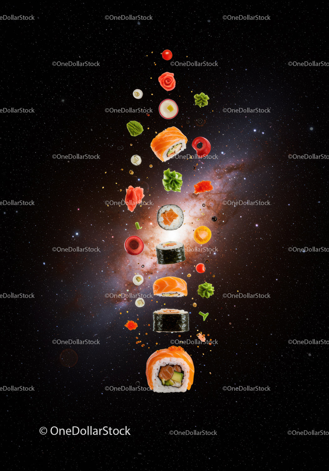 Floating sushi rolls and ingredients in cosmic background