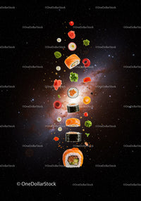 Floating sushi rolls and ingredients in cosmic background