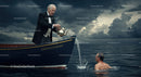 Elderly Man in Tuxedo Watering Swimmer in Dramatic Ocean Scene