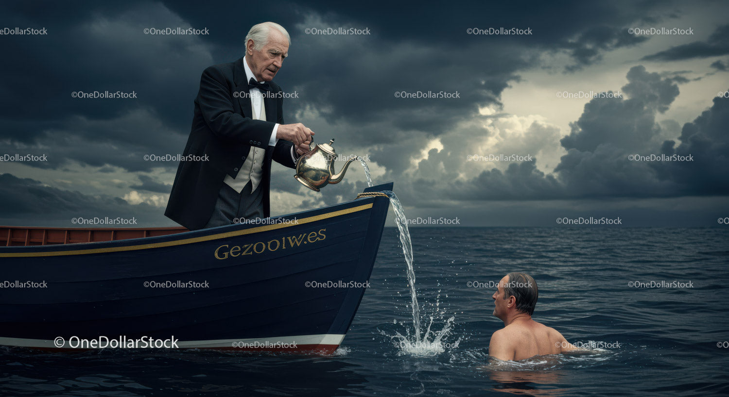 Starszy mężczyzna w smokingu podlewający pływaczkę w dramatycznej scenie oceanu