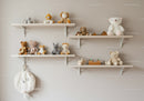 Assorted Plush Toys Display on Wooden Shelves in Children's Room