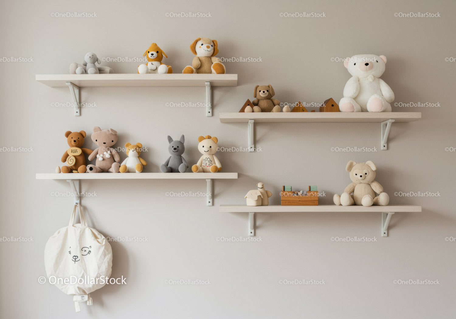 Assorted Plush Toys Display on Wooden Shelves in Children's Room