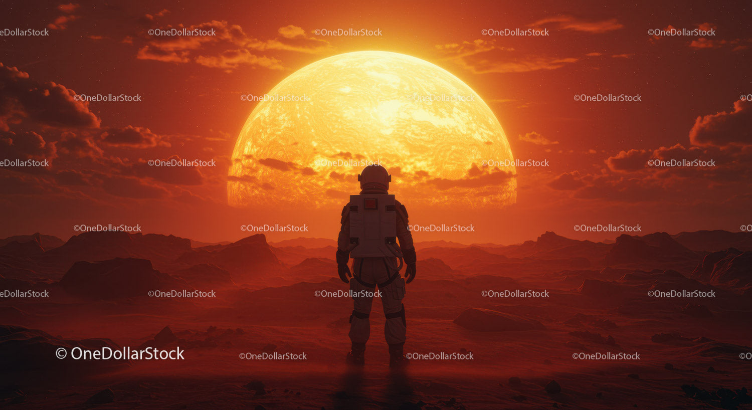 Astronaut Standing on Alien Planet with Large Sun Setting Behind