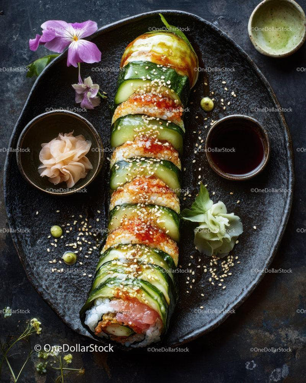 Kolorowy sushi roll z świeżymi składnikami i ozdobami