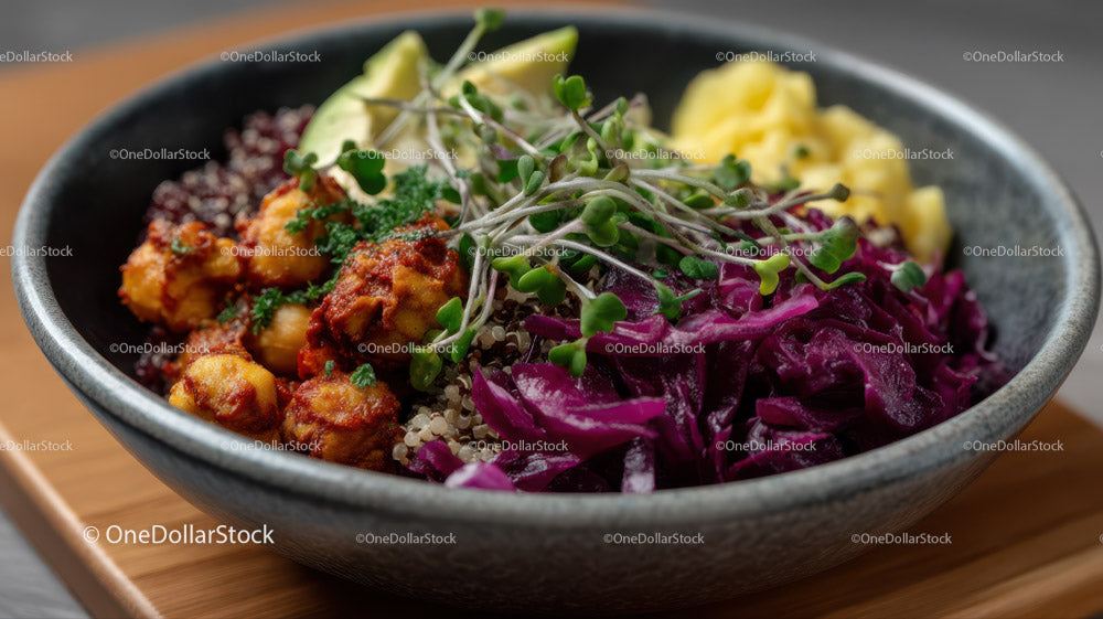 Colorful Vegan Vegetable Bowl with Chickpeas and Microgreens