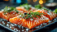 Fresh Sliced Smoked Salmon with Herbs and Sea Salt on Black Plate