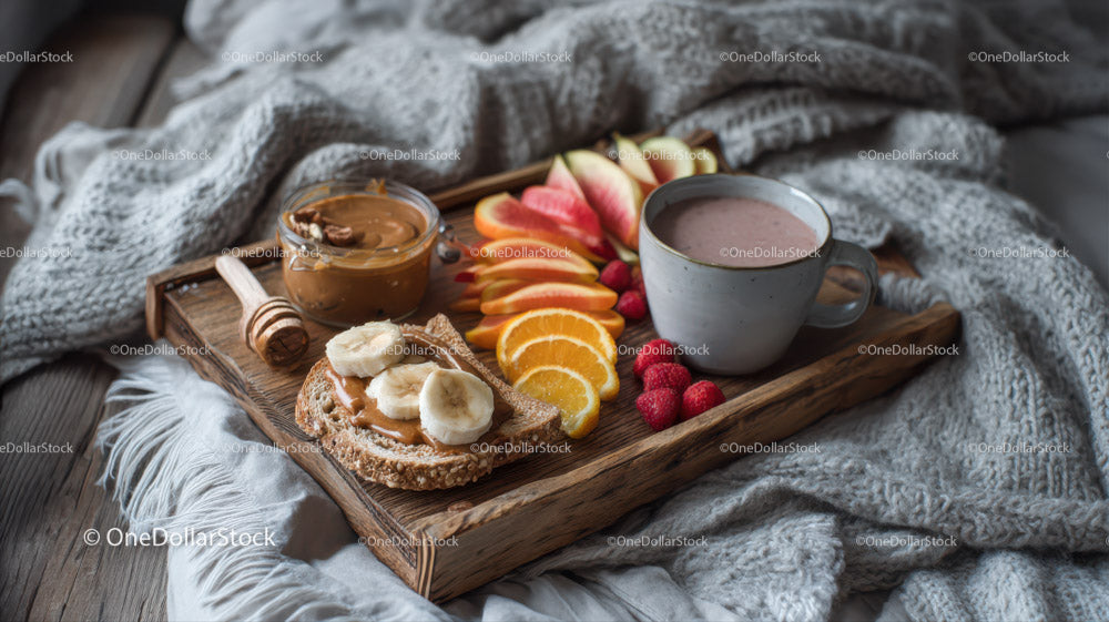 Fresh Fruit and Nut Butter Toast with Smoothie and Berries
