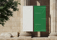 Two Vertical Flags Hanging Between Ancient Stone Columns