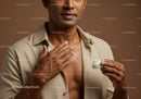 Close-Up of Man Applying Moisturizer to Chest for Skin Care