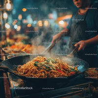 Street food vendor cooking stir-fry noodles at night market