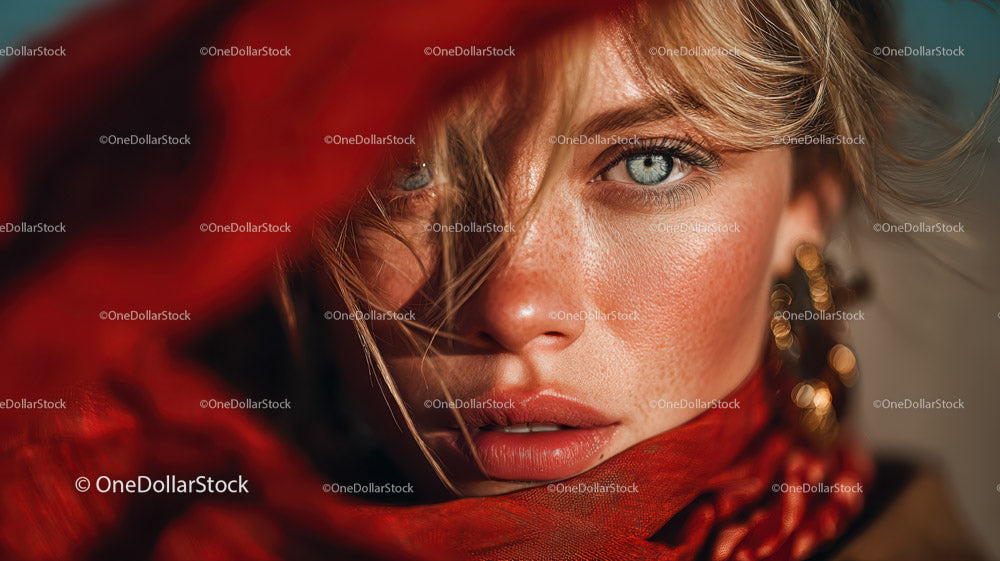 Fashion Portrait of a Woman with Blue Eyes and Red Scarf