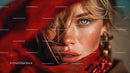 Fashion Portrait of a Woman with Blue Eyes and Red Scarf
