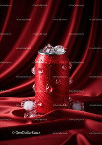 Icy Cold Drink Can with Drops on Red Fabric